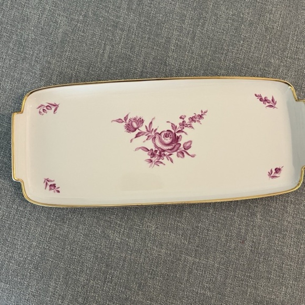 Augarten Wien‎ Biedermeier Purple Floral Porcelain Serving Tray Gold Trim 14.5"